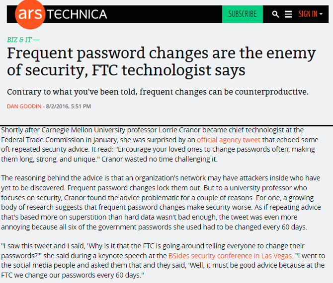 ARS Technica: Frequent password changes are the enemy of security, FTC technologist says