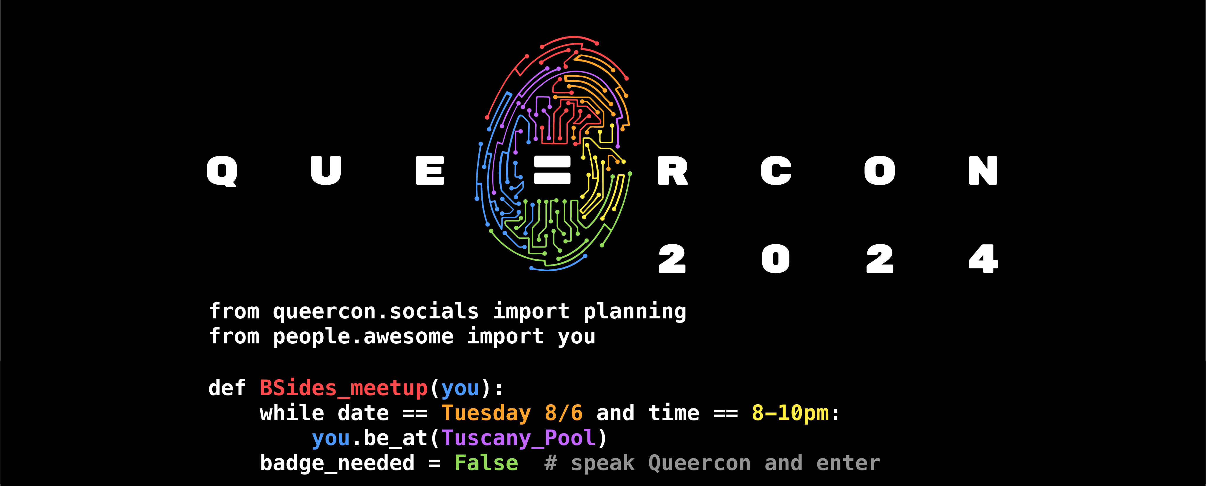 An advertisement for the QueerCon Tuesday night poolside meetup at BSidesLV from 8pm-10pm on Tuesday, August 8th